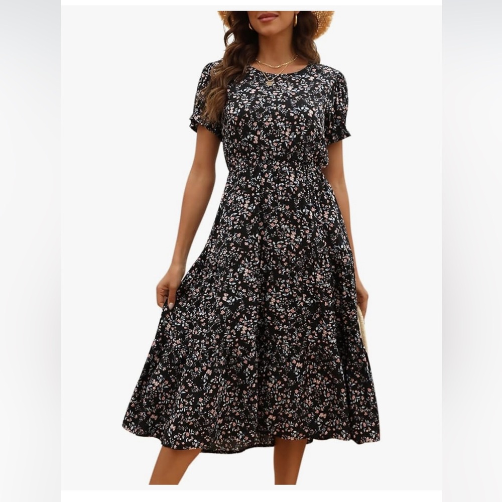 Floral Puff Sleeve Midi Dress with Pockets